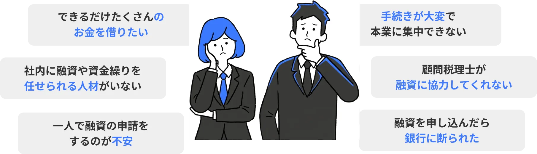 このようなお悩みはありませんか？ できるだけたくさんのお金を借りたい / 手続きが大変で本業に集中できない / 社内に融資や資金繰りを任せられる人材がいない / 顧問税理士が融資に協力してくれない / 一人で融資の申請をするのが不安 / 融資を申し込んだら銀行に断られた